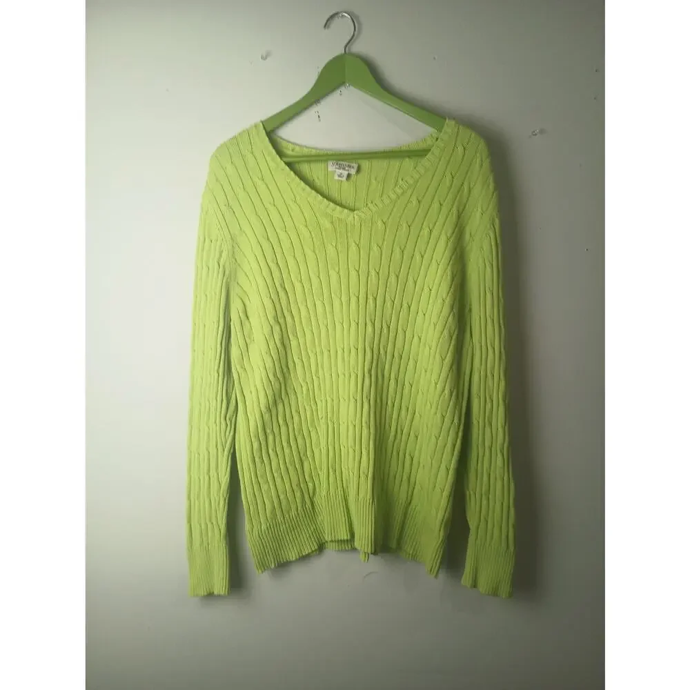 Vtg Green Cable‎ Knit Tennis Sweater Women's St John's Bay V Neck Pull over 1X